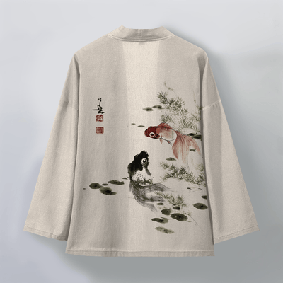 Buddha Stones Cotton Red Black Koi Lotus Pattern Open Front Men's Kimono - image 2