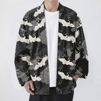 Buddha Stones Cotton White Crane Ripple Pattern Open Front Men's Kimono - Black - US/UK/AU48，EU58 (4XL) - image 9