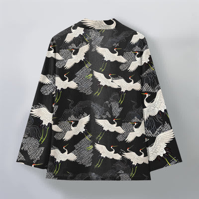 Buddha Stones Cotton White Crane Ripple Pattern Open Front Men's Kimono - image 11