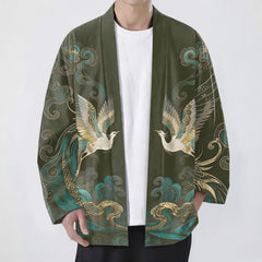 Buddha Stones Cotton Golden Crane Sea Cloud Pattern Open Front Men's Kimono - DarkOliveGreen - US/UK/AU48，EU58 (4XL) - image 0