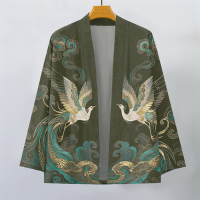 Buddha Stones Cotton Golden Crane Sea Cloud Pattern Open Front Men's Kimono - image 1
