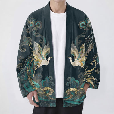 Buddha Stones Cotton Golden Crane Sea Cloud Pattern Open Front Men's Kimono - Teal - US/UK/AU48，EU58 (4XL) - image 6