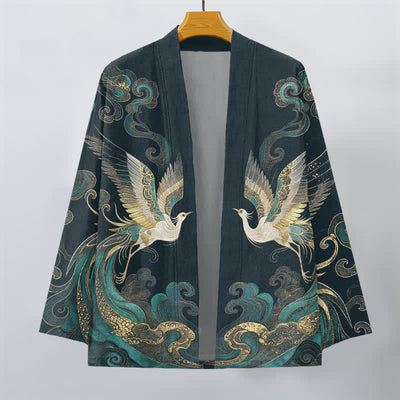 Buddha Stones Cotton Golden Crane Sea Cloud Pattern Open Front Men's Kimono - image 7
