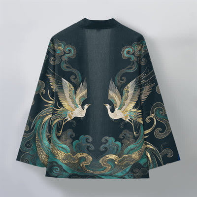 Buddha Stones Cotton Golden Crane Sea Cloud Pattern Open Front Men's Kimono - image 8