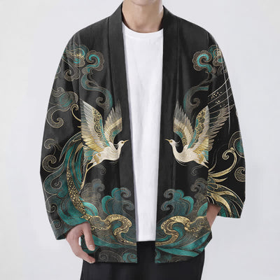 Buddha Stones Cotton Golden Crane Sea Cloud Pattern Open Front Men's Kimono - Black - US/UK/AU48，EU58 (4XL) - image 9