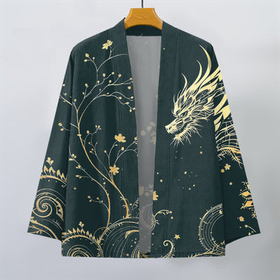 Buddha Stones Cotton Dragon Tide Florals Pattern Open Front Men's Kimono - image 1