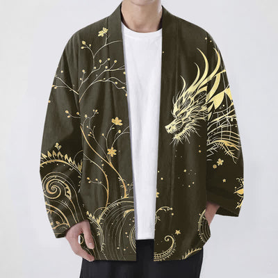 Buddha Stones Cotton Dragon Tide Florals Pattern Open Front Men's Kimono - Olive - US/UK/AU48，EU58 (4XL) - image 6