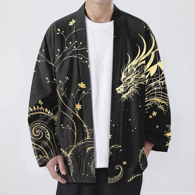 Buddha Stones Cotton Dragon Tide Florals Pattern Open Front Men's Kimono - Black - US/UK/AU48，EU58 (4XL) - image 9