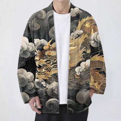 Buddha Stones Cotton Auspicious Dragon Cloud Sea Pattern Open Front Men's Kimono - Black - US/UK/AU48，EU58 (4XL) - image 0