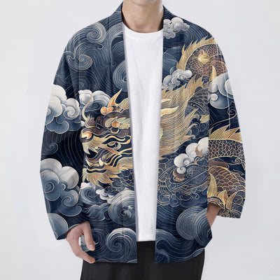 Buddha Stones Cotton Auspicious Dragon Cloud Sea Pattern Open Front Men's Kimono - Navy - US/UK/AU48，EU58 (4XL) - image 6