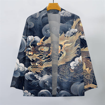 Buddha Stones Cotton Auspicious Dragon Cloud Sea Pattern Open Front Men's Kimono - image 7