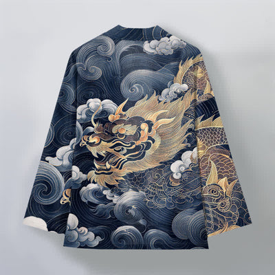 Buddha Stones Cotton Auspicious Dragon Cloud Sea Pattern Open Front Men's Kimono - image 8