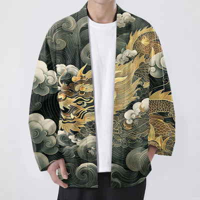 Buddha Stones Cotton Auspicious Dragon Cloud Sea Pattern Open Front Men's Kimono - DarkGreen - US/UK/AU48，EU58 (4XL) - image 9