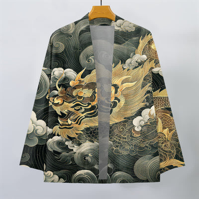 Buddha Stones Cotton Auspicious Dragon Cloud Sea Pattern Open Front Men's Kimono - image 10