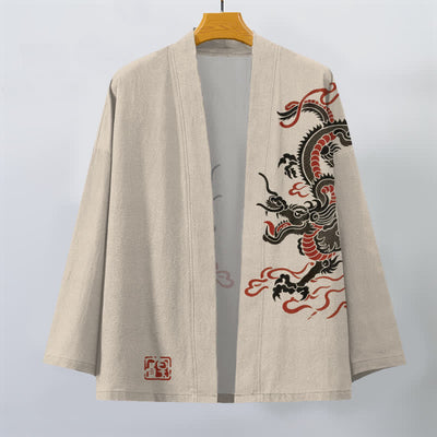 Buddha Stones Cotton Black Red Dragon Pattern Open Front Men's Kimono - image 1