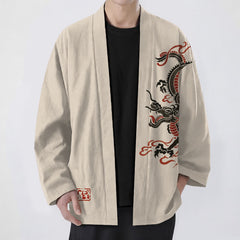 Buddha Stones Cotton Black Red Dragon Pattern Open Front Men's Kimono - Beige - US/UK/AU48，EU58 (4XL) - image 0