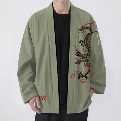 Buddha Stones Cotton Black Red Dragon Pattern Open Front Men's Kimono - OliveDrab - US/UK/AU48，EU58 (4XL) - image 9