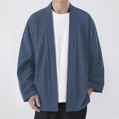 Buddha Stones Cotton Japanese Ocean Wave Pattern Open Front Men's Kimono - Navy - US/UK/AU48，EU58 (4XL) - image 0