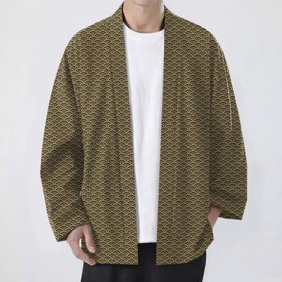 Buddha Stones Cotton Japanese Ocean Wave Pattern Open Front Men's Kimono - DarkGoldenrod - US/UK/AU48，EU58 (4XL) - image 6