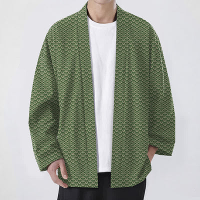 Buddha Stones Cotton Japanese Ocean Wave Pattern Open Front Men's Kimono - OliveDrab - US/UK/AU48，EU58 (4XL) - image 9