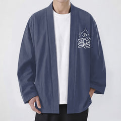 Buddha Stones Cotton Lotus Om Pattern Open Front Men's Kimono - SlateGray - US/UK/AU48，EU58 (4XL) - image 0