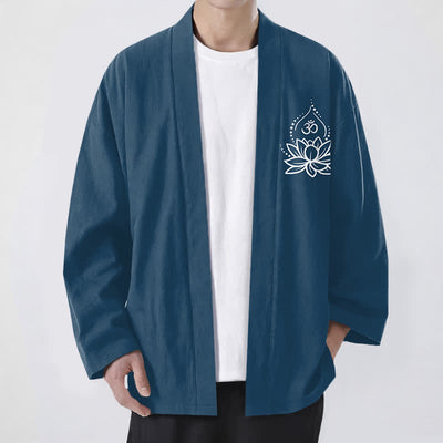 Buddha Stones Cotton Lotus Om Pattern Open Front Men's Kimono - SteelBlue - US/UK/AU48，EU58 (4XL) - image 6
