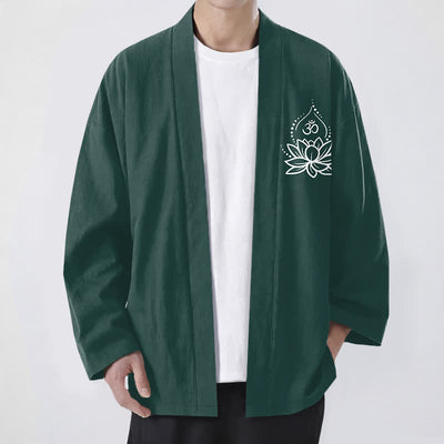 Buddha Stones Cotton Lotus Om Pattern Open Front Men's Kimono - DarkGreen - US/UK/AU48，EU58 (4XL) - image 9