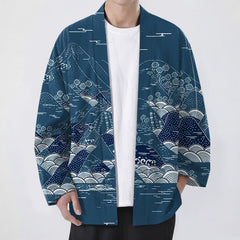 Buddha Stones Cotton Japanese Landscape Waves Pattern Open Front Men's Kimono - Teal - US/UK/AU48，EU58 (4XL) - image 0