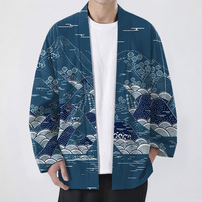 Buddha Stones Cotton Japanese Landscape Waves Pattern Open Front Men's Kimono - Teal - US/UK/AU48，EU58 (4XL) - image 0