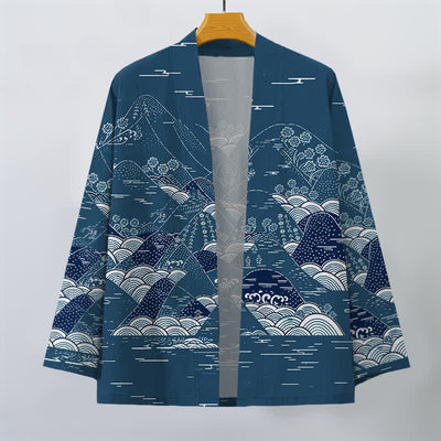 Buddha Stones Cotton Japanese Landscape Waves Pattern Open Front Men's Kimono - image 1