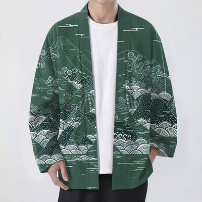 Buddha Stones Cotton Japanese Landscape Waves Pattern Open Front Men's Kimono - ForestGreen - US/UK/AU48，EU58 (4XL) - image 6