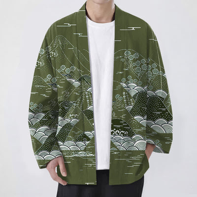 Buddha Stones Cotton Japanese Landscape Waves Pattern Open Front Men's Kimono - OliveDrab - US/UK/AU48，EU58 (4XL) - image 9