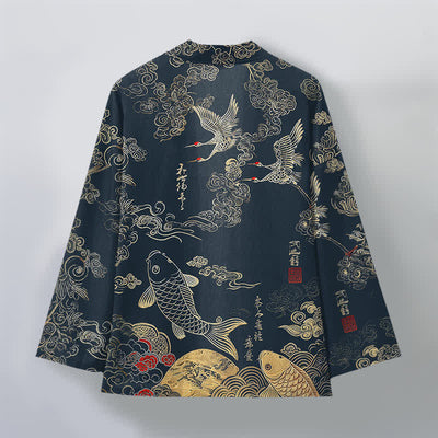 Buddha Stones Cotton Chinese Crane And Koi Fish Pattern Open Front Men's Kimono - image 2