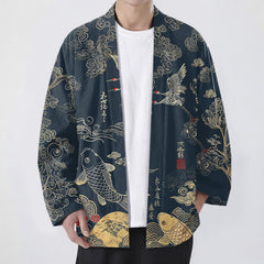 Buddha Stones Cotton Chinese Crane And Koi Fish Pattern Open Front Men's Kimono - Navy - US/UK/AU48，EU58 (4XL) - image 0
