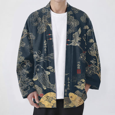 Buddha Stones Cotton Chinese Crane And Koi Fish Pattern Open Front Men's Kimono - Navy - US/UK/AU48，EU58 (4XL) - image 0