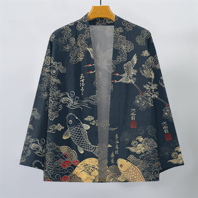 Buddha Stones Cotton Chinese Crane And Koi Fish Pattern Open Front Men's Kimono - image 1