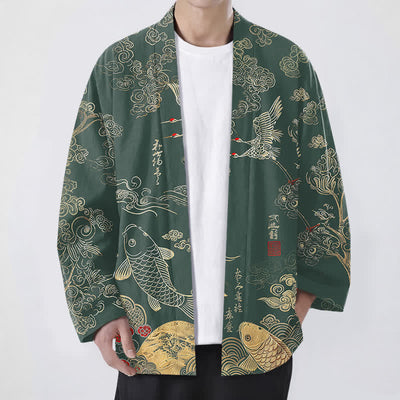Buddha Stones Cotton Chinese Crane And Koi Fish Pattern Open Front Men's Kimono - DarkGreen - US/UK/AU48，EU58 (4XL) - image 6