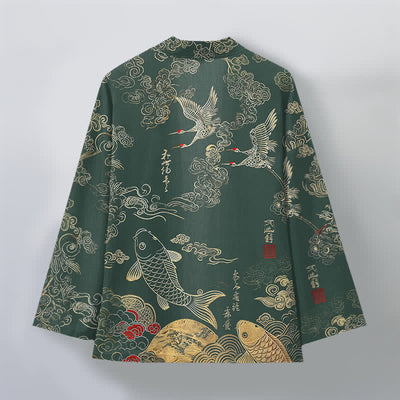 Buddha Stones Cotton Chinese Crane And Koi Fish Pattern Open Front Men's Kimono - image 8