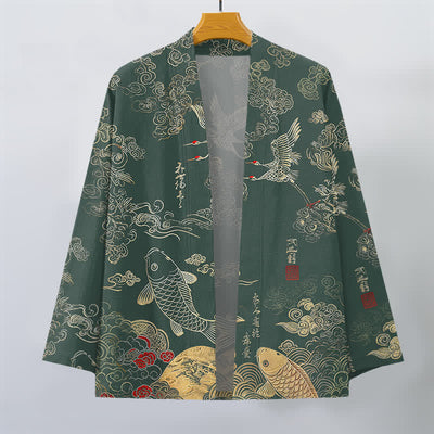 Buddha Stones Cotton Chinese Crane And Koi Fish Pattern Open Front Men's Kimono - image 7