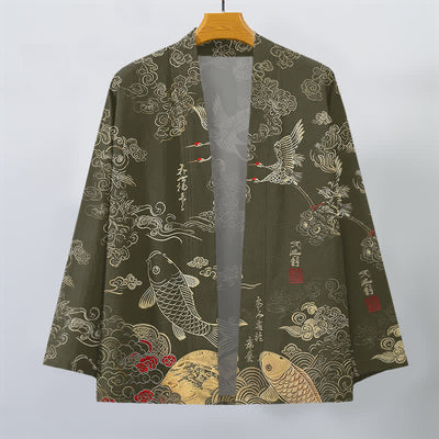 Buddha Stones Cotton Chinese Crane And Koi Fish Pattern Open Front Men's Kimono - image 10