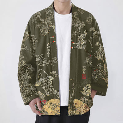 Buddha Stones Cotton Chinese Crane And Koi Fish Pattern Open Front Men's Kimono - Olive - US/UK/AU48，EU58 (4XL) - image 9