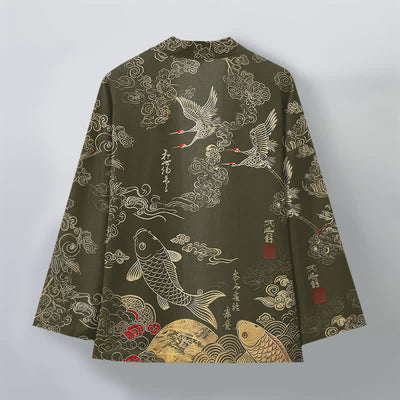 Buddha Stones Cotton Chinese Crane And Koi Fish Pattern Open Front Men's Kimono - image 11