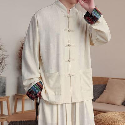 Buddha Stones Fall Winter Casual Tang Style Frog Button Mandarin Collar Solid Men's Jackets With Pockets - image 1