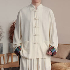 Buddha Stones Fall Winter Casual Tang Style Frog Button Mandarin Collar Solid Men's Jackets With Pockets - AntiqueWhite - US/UK/AU46，EU56 (5XL) - image 0