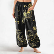 Foviel Baumwolle Golden Drache Swirl Blumenmuster Damen elastische Taille Harem Hose mit seitlichen Taschen