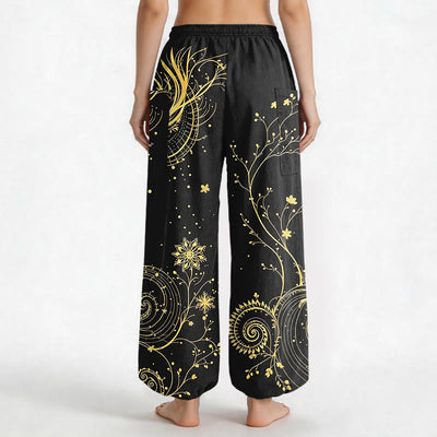 Buddha Stones Cotton Golden Dragon Swirl Floral Pattern Women's Elastic Waist Harem Pants With Side Pockets - image 2
