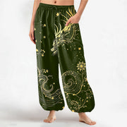 Foviel Baumwolle Golden Drache Swirl Blumenmuster Damen elastische Taille Harem Hose mit seitlichen Taschen