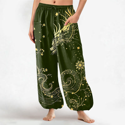 Buddha Stones Cotton Golden Dragon Swirl Floral Pattern Women's Elastic Waist Harem Pants With Side Pockets - DarkOliveGreen - US16，UK/AU20，EU48 (3XL) - image 10