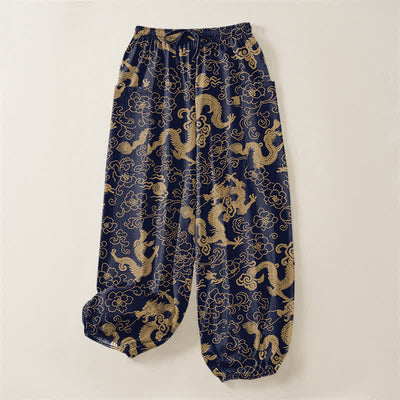 Buddha Stones Cotton Golden Dragon Flower Pattern Women's Elastic Waist Harem Pants With Side Pockets - image 3