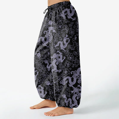 Buddha Stones Cotton Golden Dragon Flower Pattern Women's Elastic Waist Harem Pants With Side Pockets - image 11